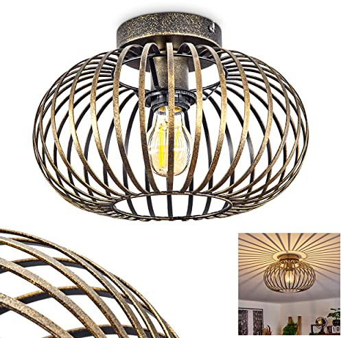 Deckenleuchte Oravi, Deckenlampe aus Metall in Gold-antik/Schwarz, mit Gitterschirm, Ø 30 cm, 1-flammig, E27-Fassung, ohne Leuchtmittel, Moderne Leuchte mit Lichtspiel