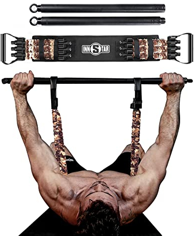 INNSTAR Tragbares Bankdrücken Widerstandsbänder, Verstellbare Bench Press Bands mit 91cm Fitness Stange, Brusttrainer für Arm, Rücken, Bizeps und Brustmuskeln Krafttraining (Men|200LBS)