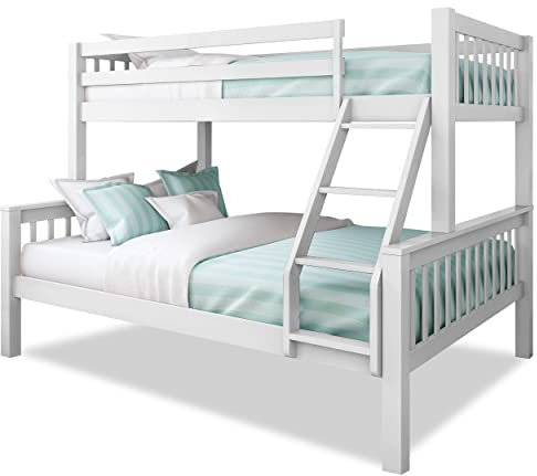 Triple Bunk Bed, 4ft6 Double & 3ft Single Wooden Bunk Beds with Ladder Triple Sleeper Kids Bunk Bed, Solid Pine Wood Frame Children Single Double Bed Frame, White L199cm x W143cm x H144