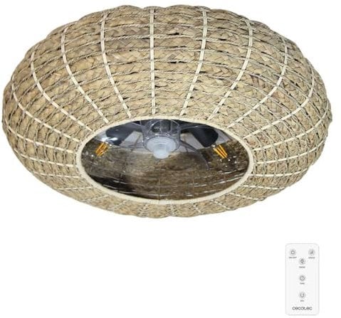 Cecotec Ventilador de Techo con Luz de diseño EnergySilence LampAero 650 Natural Wicker motor DC 20W, Luz LED, 5 aspas de 11 pulgadas, control remoto, 3 velocidades, temporizador y modo winter/summer