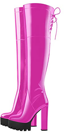 Only maker Damen Plateau Stiefel Overknee Schnürstiefel Klobiger Absatz Lackoptik Viva Magenta 36 EU