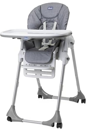 Chicco Chaise haute Réglable Polly Easy pour enfants de 6 mois à 3 ans (15 kg), inclinable, avec hauteur et repose-pieds réglables, 4 roues, pliage - Gris Mélange
