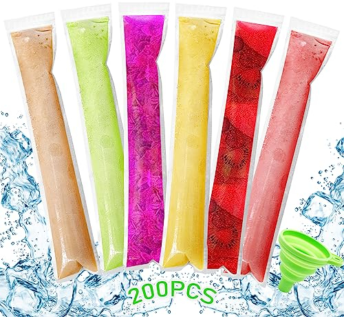 Lets Joy 200 Piezas Bolsas para Helados, Moldes para Helados, Bolsas para Moldes de Helado, Bolsas de Popsicle, Bolsas Paleta Hielo con Embudo, Popsicle Bolsas para Yogur, Jugo, Cubitos (200PCS)