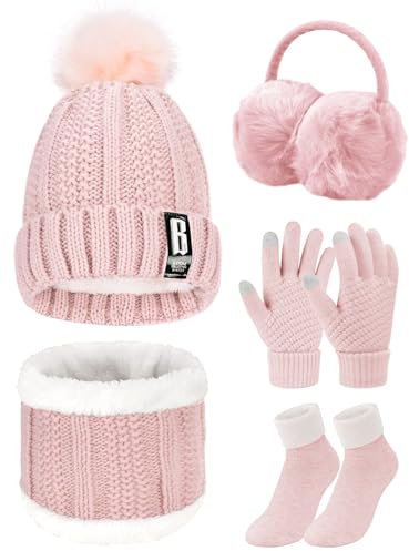 UMIPUBO Donna Cappello Sciarpa e Guanti Touch Screen Set Invernali Berretto Scaldaorecchie in Peluche di Calze Cappello a Cuffia in Maglia 5 Pezzi per Donna Sport all'aperto Sci (Rosa)