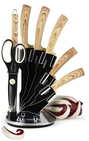 Excelsa Black Wood Ceppo Coltelli 8 Pezzi, Manico Legno Naturale, Lama Nera, Acciaio INOX