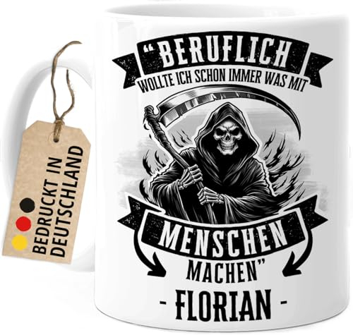 Tassenliebling® Schwarzer Humor Tasse personalisiert mit Sensenmann - Ich wollte immer was mit Menschen machen - Lustige Spruchtasse fürs Büro - Totenkopf Geschenke