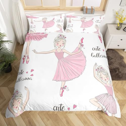 Homewish Housse de Couette Princesse Danseuse, Parure de Lit 200x200 Fille Ado, Ensemble de Literie Danseuse de Ballet, Housse Couette Kawaii Mignon, Décor de Chambre À Coucher, Blanc Rose