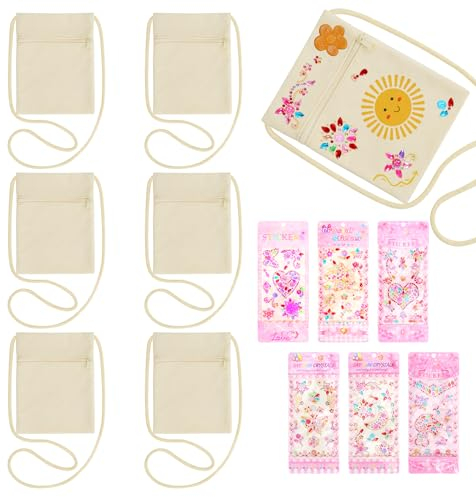 SUKARNE 6 Stück Stoffbeutel zum Bemalen für Kinder, 17×13cm Umhängegeldbeutel, Brustbeutel mit 6 Blatter Diamant-Aufkleber, DIY Beige Brustbeutel für Schule, Party, Geschenk