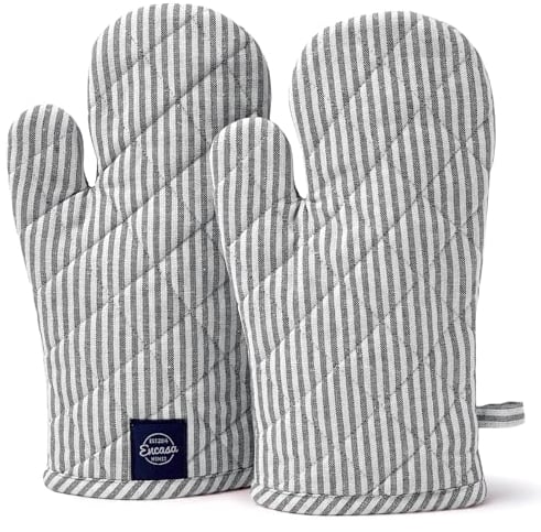 Encasa Homes Long 18x30 cm Oven Microwave Hand Gloves Mitts (2 pc set) for Kitchen Cooking & Baking - Heat Resistant, Thick & Safe, Protection of Hands from Hot Utensils, Grill - Ticking Black