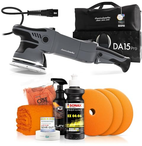 Poliermaschinen Set: chemicalworkz DA15 Pro Exzenter Poliermaschine + Sonax One-Step Politur + Royal Pads Polierpads + Zubehör - Auto Lack Politur, Kratzer entfernen, Aufbereitung | 14-teilig