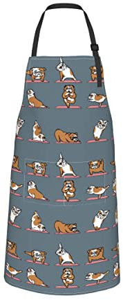 Schürze für Hunde und Welpen, verschiedene Rassen, mit 2 Taschen, für Damen, geeignet zum Kochen, Grillen, Grillen, Englische Bulldogge Yoga, One size