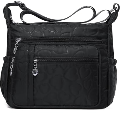 HERCMNOY Umhängetasche für Damen, mehrere Taschen, lässige Reisetasche, Handtasche, Umhängetasche, Kuriertasche, Schwarzes Herz, 11.0inch