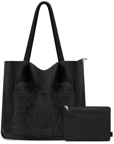 GASSDA Handtasche Damen Groß Shopper Tasche Damen Cord Tasche Tote Bag mit Reißverschluss für Arbeit Einkaufen Fitness Reisen (Schwarz)
