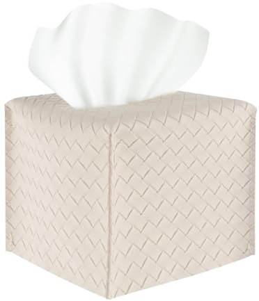 Boîte à mouchoirs en cuir Gjinxi - Carré - Porte-mouchoirs en cuir - Pour table de nuit, bureau, voiture - Beige - 13,5 x 13,5 x 18,5 cm