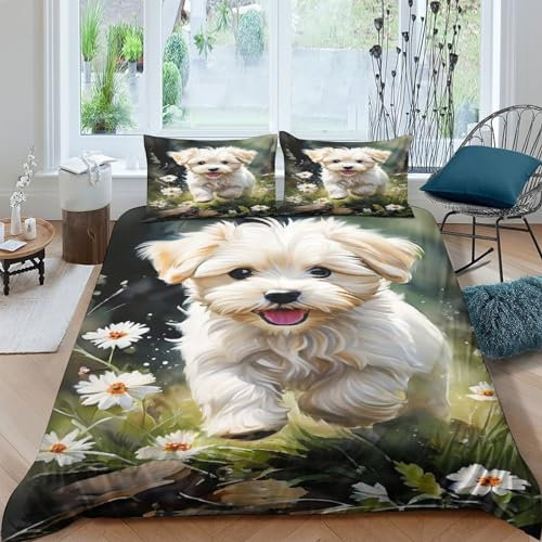 TNFHSOFT Malteser Hund Bettwäsche Premium Atmungsaktive Angenehme Baumwolle Bettbezüge, Mit Reißverschluss Bettdeckenbezug, 3teilig Bettbezug + Kissenbezug