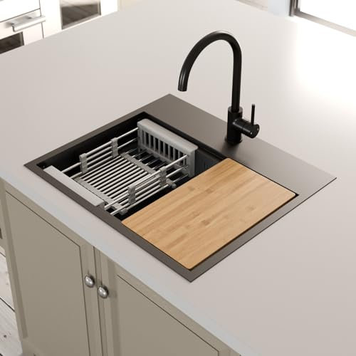 Lussena® 640 x 560mm Stainless Steel Kitchen Sink 1.0 Single One Bowl Workstation Sinks Inset Drop in Installation, Black with Accessories, Chopping Board, Drainer & Waste