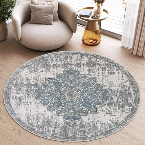 TAPISO Valley Rund Teppich Kurzflor Weiß Blau Vintage Blumen 200 x 200 cm | Used Effekt Meliert Verwischt Wohnzimmer Schlafzimmer OEKO-TEX