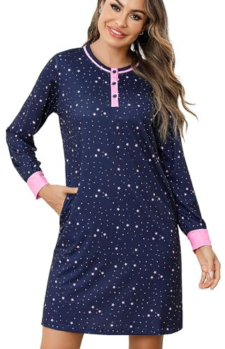 Jahetuul Chemise de Nuit Femme Manches Longue avec Bouton Nuisette Coton avec Poches Robe Chemise Longue à Motif Étoilé Tee Shirt Nuit