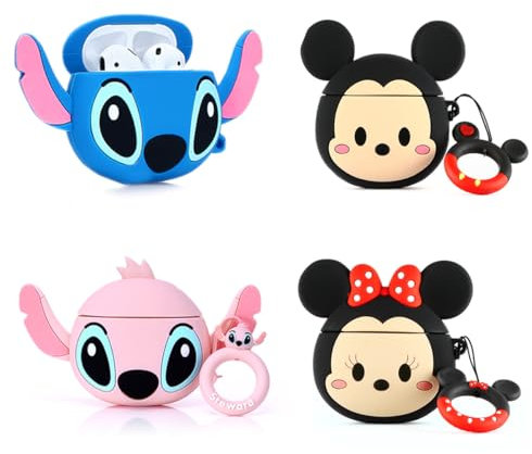 (4 Packung) Hülle für AirPods 2nd/1st Erzeugung Ohrhörer, XMBYGY Silikon Aufladung Fall Schutz Abdeckungen mit Niedlich Cartoon Haut Design für AirPods 1/2, mit Karabiner (MKFC+MNFC+StitchBU+PK)