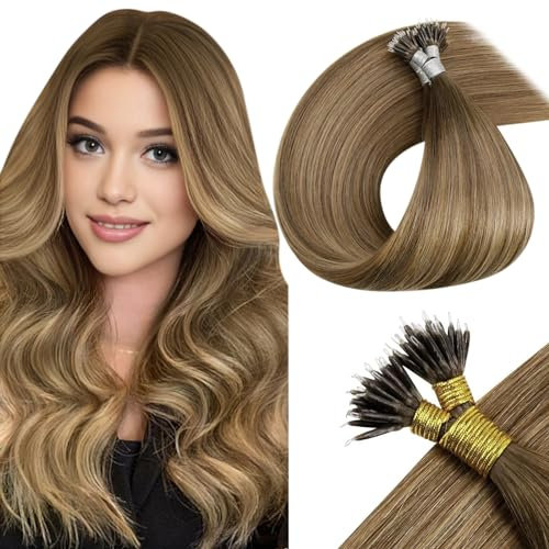 LaaVoo Nanoring Extensions Echthaar 60cm Braun Balayage Nanoring Extensions Unsichtbarer Nano Loop Extensions Echthaar Braun Ombre Glatt 50g 50s #8/16/8