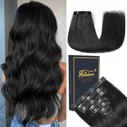 HotLulana Clip in Extensions Echthaar 7pcs 50cm 120g Jet Black Clip Extensions Echthaar Invisible 20 Zoll Remy Echthaar Extensions Clip in Extensions Skin Weft Natürliche Haarverlängerung Echthaar 1#