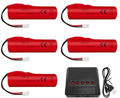 AMZZN 5 Stück 3.7V 3000mAh Lithium-Ionen-Akku mit Molex-Stecker und 5-in-1-Ladegerät für RC Fahrzeuge, Driftfahrzeuge, LKW, Off-Road-Fahrzeuge, Boote