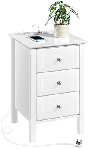 Yaheetech White Bedside Table with Charging Station,3 Drawers Modern Bedside Cabinet Wooden Nightstand with 2 USB Ports & 2 Outlets,Side Table Storage Unit for Bedroom/Living Room/Hallway,40x40x60cm