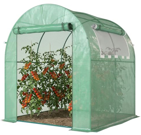 Outsunny Gewächshaus, Foliengewächshaus mit Aufrollbare Fenster & Tür, Netzfenster UV Schutz, Folientunnel, Tomatenhaus Winterfest Treibhaus für Garten, Balkon, 1,8 x 1,8 x 2 m Grün