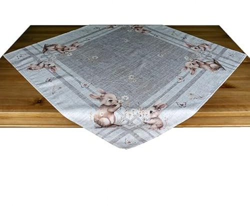 Tischdecke Mitteldecke 85 x 85 cm Frühling Ostern beige Leinenoptik Druckdesign Häschen mit Blümchen