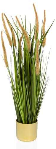 hjh OFFICE Kunstpflanze im Topf 78cm CORTADERIA I Pampasgras im goldenen Kunststoff-Topf, Künstliche Deko Pflanze