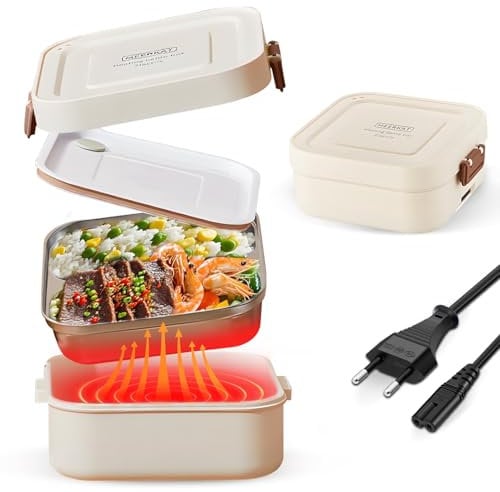 1200ML Scaldavivande Elettrico Portatile,Fodera in acciaio inossidabile 304 a doppio scomparto,Porta Pranzo da Ufficio,Lunch Box Portavivande Termico Elettronico Portatile in Acciaio Inox (bianco)