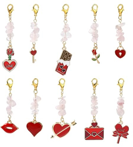 Stiesy 10Pcs Valentine's Day Theme Natural Rose Quartz Chip Beads Pendant Charm with Red Enamel Heart Lip Charms Pink Crystal Gemstone Hanging Ornaments Decoration for Jewellery Crafts Making Present