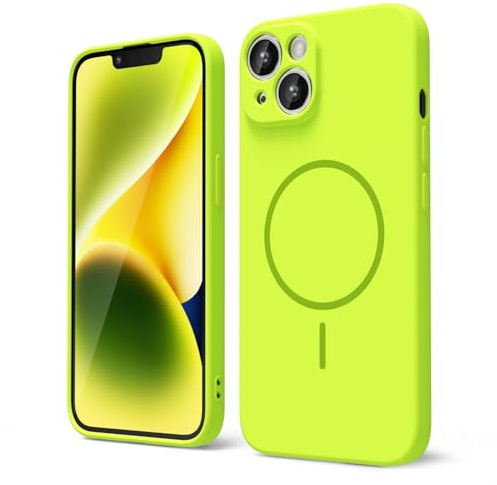 oakxco for iPhone 13 iPhone 14 Case Silicone Mag Safe, Magnetic Slim Thin Phone Case Compatible with Magsafe, Women Girls Cute Girly Bright Fluorescent Rubber Safecase with Camera Cover, Neon Green