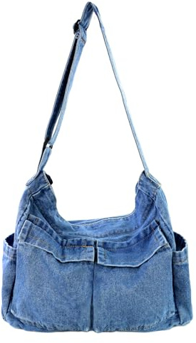 AdiStylinno Denim-Umhängetasche für Damen, große Kapazität, Segeltuch, Kuriertasche, lässige Hobo-Tasche, Crossbody-Tasche mit mehreren Taschen und verstellbarem Schultergurt, blau, 52 x 31.5 x 1.5 cm