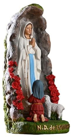 Gesegnete Mutter Outdoor Statue - Jungfrau Maria Figur, Our Lady Lourde | Elegante Skulptur für Gartenwege, Detailliertes Kunstharzhandwerk mit Bernadette und Lamm für katholische Kirchenhöfe und