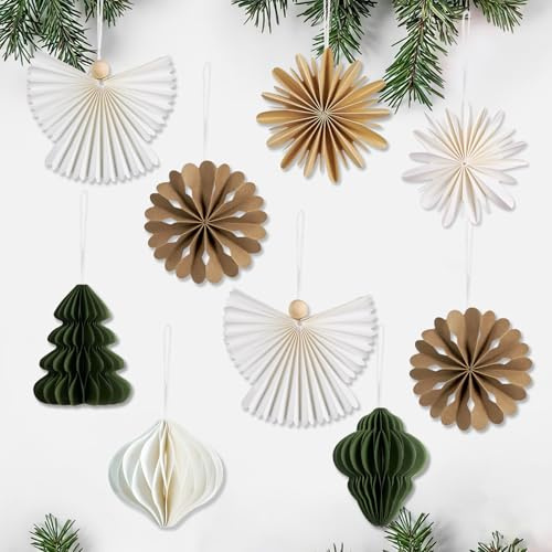 SUNBEAUTY 9Pcs Paper Ornaments, Christmas Party Hanging Decorations, Christmas Tree Decor, Paper Honeycomb Decor with Angel Snowflakes for Xmas Party Favor New Year Winter Wonderland