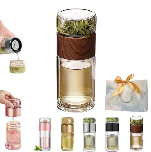 Tryteava Glass Infuser, Teava 3-in-1 Smart Tea Infuser, Double-Layered Glass Tea Infuser Bottle, 304 Stainless Steel Filter, Portable Leak-Proof Tea Infuser Pot (Wood, 280ml)