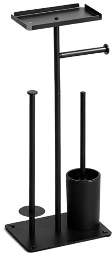 YOFAPA Free Standing Toilet Roll Holder with Shelf, Includes Toilet Brush, Black Metal Standing Toilet Paper Holder, for Small Bathroom, 23.5 in Height