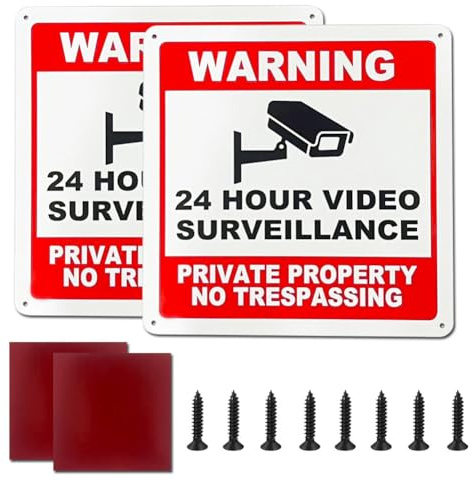 2 Pack Metal 24 Hour Video Surveillance Warning Signs, 20 cm x 20 cm Waterproof UV Resistant Pre-drilled Aluminium Alloy Security Camera Signs with Double-sided Adhesive tape and Screws