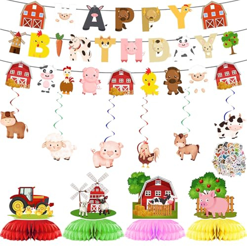 ZenyTra Bauernhof Geburtstagsdeko Komplettset - 41-teilige Tier Deko mit Girlanden, Wirbeln & Aufklebern für Kindergeburtstag, Baby Shower, Taufe & Farmhouse Mottoparty,Festliche Tischdekoration