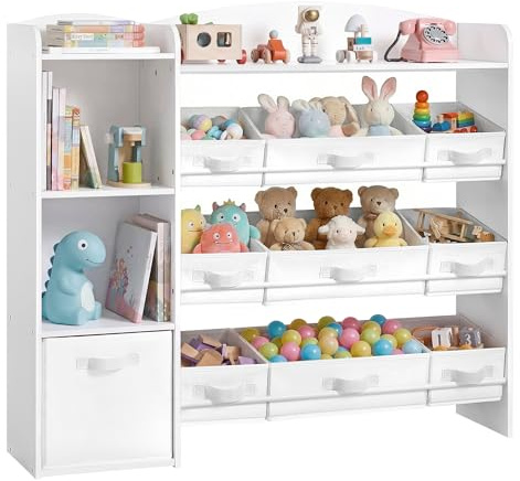 SONGMICS Étagère à Jouets pour Enfants, Meuble de Rangement Esprit Montessori, 2 Compartiments Ouverts, 9 Paniers, 1 Bac, pour Chambre d’Enfant, 30 x 113,1 x 104 cm, Blanc Nuage GKR061WB01