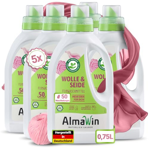 AlmaWin® Waschmittel Wolle & Seide [5x 750ml - 250 Ladungen] mit Lavendel-Duft für schonende Reinigung von Naturfasern - Seide- & Wollwaschmittel anwendbar von 20-40°C - Bio Feinwaschmittel flüssig