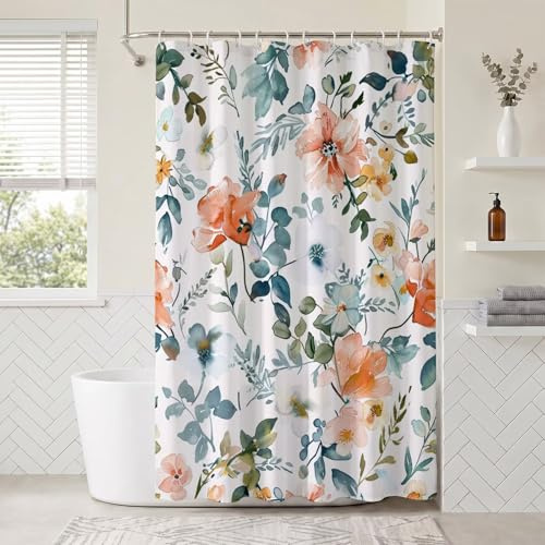 Tenda Doccia 180x220cm, Nordico Fiore, Impermeabile Tessuto Poliestere Lavabile Lavatrice Asciugatura Rapida Tende Bagno Idrorepellente Orlo Ponderato Ganci Accessori Metallo Cabina Doccia Vasca ZO-20