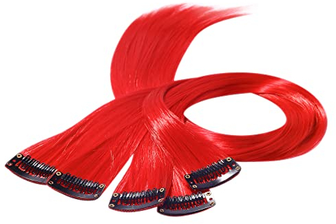 Beauty7 DIY Farbige Haarverlängerungen haarsträhnen zum einklipsen Bunte zum einflechten mit Haarclips strähnchen clip in extensions Haarteil Perücken Highlights Hair für Mädchen 50cm 5stk Rot