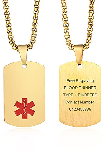 VNOX Edelstahl Anpassen Medical Alert ID Hundemarke Anhänger Halskette Sos Notfall für Männer Frauen,Freies Gravur