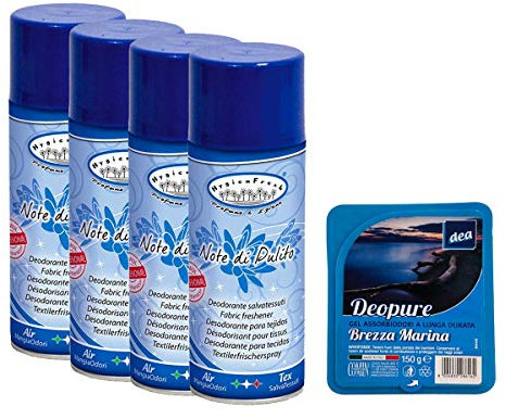 HYGIENFRESH TINTOLAV SET 4 PEZZI Deodorante Salva Tessuti spray, fragranza NOTE DI PULITO formato 400ml più gel assorbi odori a lunga durata Profumazione Assortita 150 G