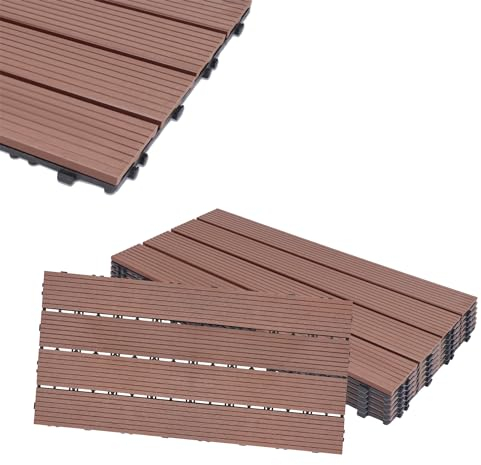 HENGMEI 12 pezzi (2m²) Piastrelle da esterni Pavimenti 30 x 60 cm per Giardino pavimentazione in WPC per pavimenti esterni, patio, piscina, terrazza, giardino, Marrone