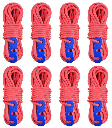 TRIWONDER Guy Ropes 3mm Paracord Reflective Cord Guyline Nylon Rope with Tensioners for Outdoor Camping Hiking Awning Tent (Red - 8 Pcs)