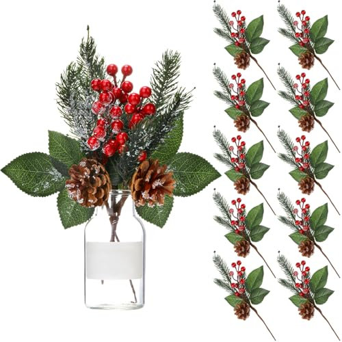 12 plettri artificiali di pino innevato, con agrifoglio, bacche rosse, pigne finte, pigne per Natale, artigianato, feste, decorazioni per la casa, 28 cm, steli flessibili