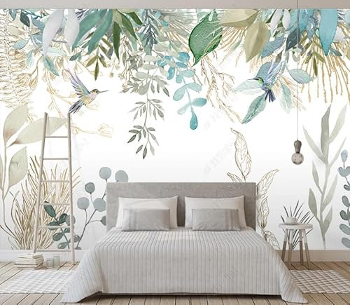 Handgemalte kleine frische tropische Pflanzen Blätter Blumen und Vögel 3D dekorative Tapete Studie Wohnzimmer Schlafzimmer Wand Sofa TV Hintergrund Wand-300cm×210cm